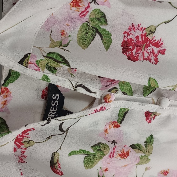 Express Floral Button Up Over the Shoulder Blouse Top White Pink & Green - Picture 3 of 9